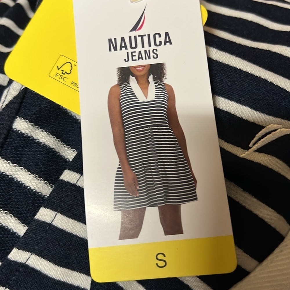 NWT Nautica Jeans Women's Tiered Dress summer fall spring navy white strip - Picture 6 of 9